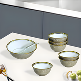 Elegant Grey & Gold 8-Piece Embossed Ceramic Dessert & Pudding Set | Includes Serving Spoon | Premium Gift Box